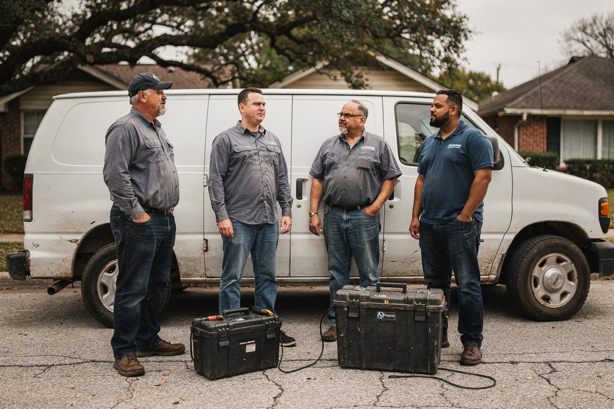Xolimeq repair crew standing in front of the branded service van